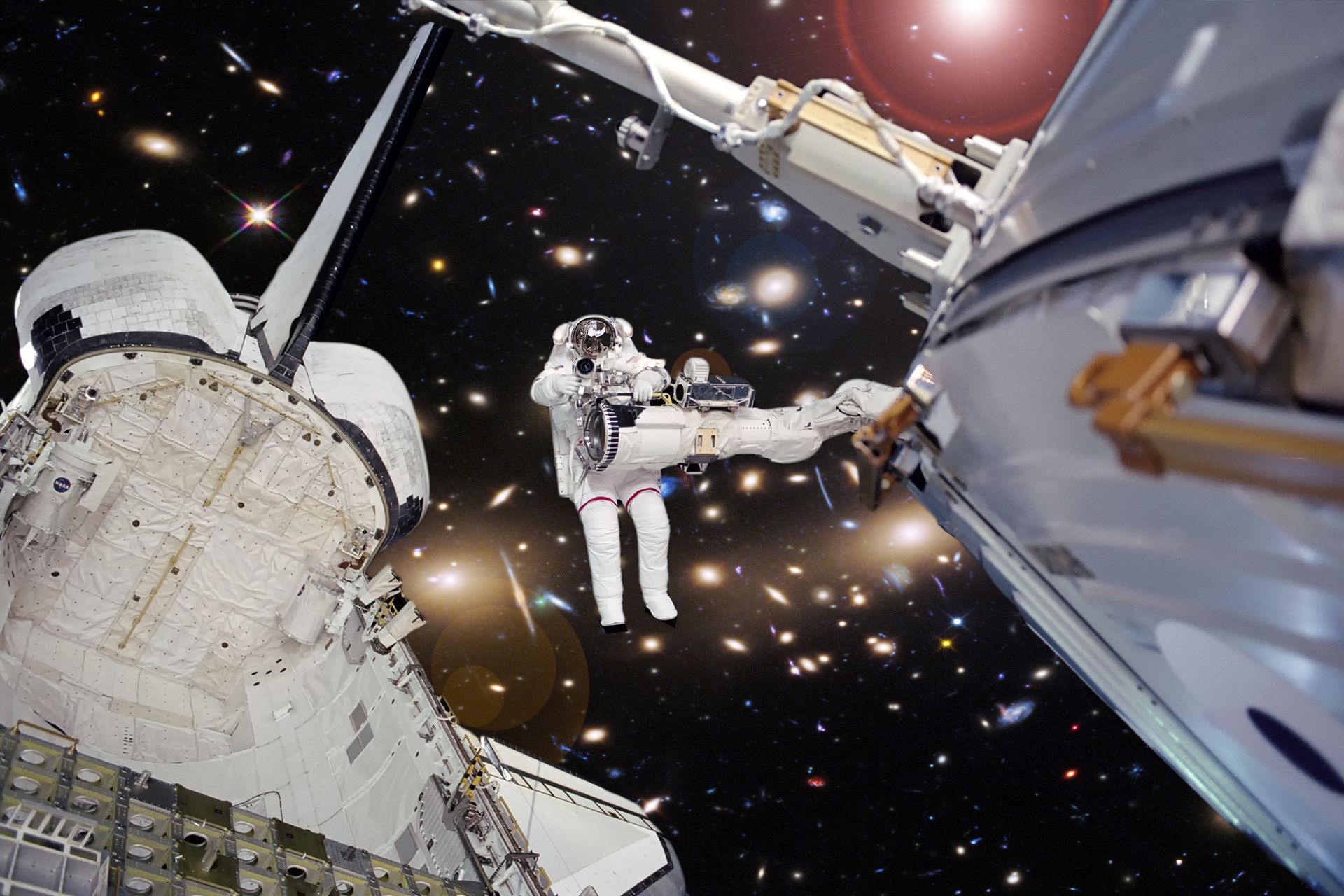 Astronaut and spaceship in deep space. The elements of this image furnished by NASA.
